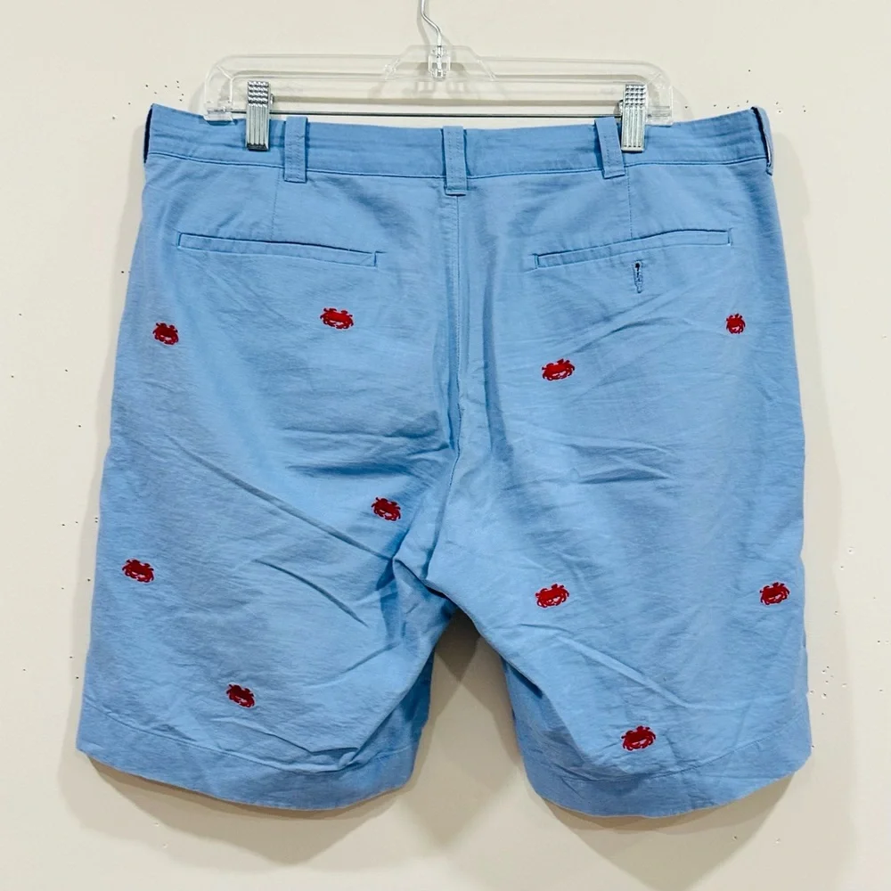 J Crew Men’s 35W Sunwashed Oxford Blue‎ 9” Shorts Red Crabs Cotton Chino Casual